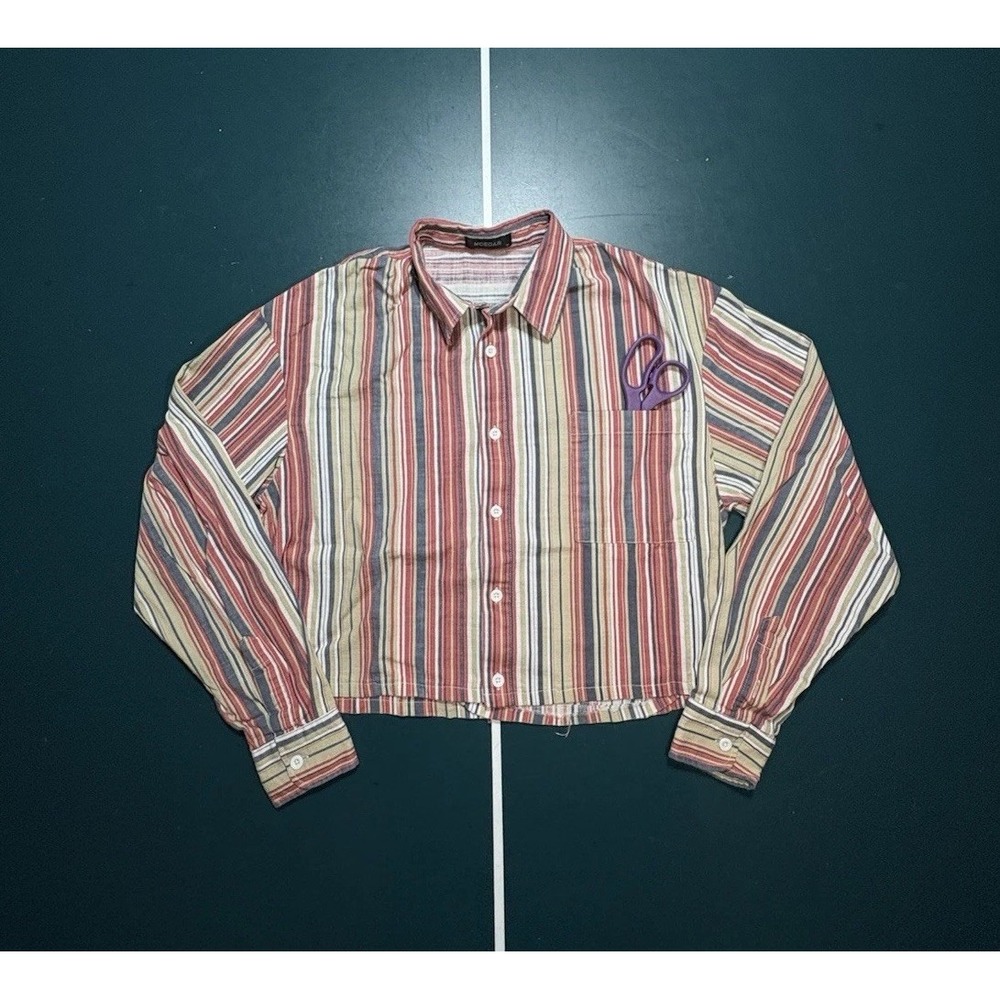 Striped Cropped Button Up Shirt Women's Medium Preppy‎ Long Sleeve Retro Casual